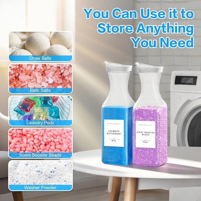 Laundry Detergent Dispenser Bottle 54oz with Waterproof Label for Laundry Detergent Soap Fabric Softener Bleach Scent Booster Beads, Sturdy PET Plastic Bottle for Laundry Room Decor 2 Pack White