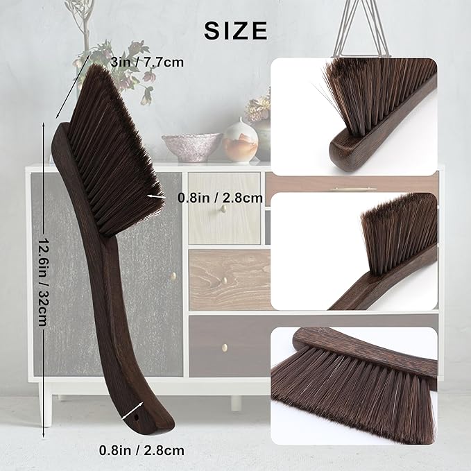 Hand Broom Dust Brush for Cleaning Dusting Soft Bristle Handheld Brushes for Car Interior Bed Bench Couch Counter Furniture Clothes Room Fireplace with Wood Handle