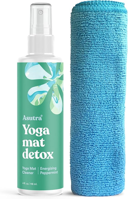 ASUTRA Yoga Mat Cleaner Spray (Energizing Peppermint), 4 fl oz - No Slippery Residue, Organic Essential Oils, Deep-Cleansing for Fitness Gear & Gym Equipment, Microfiber Towel Included
