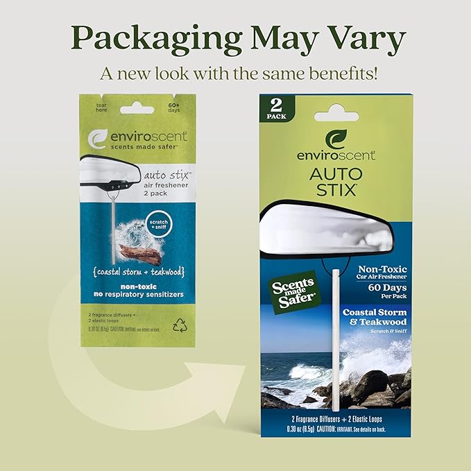 Enviroscent Non-Toxic Car Air Freshener | Natural Car Air Freshener | Essential Oil Diffuser | Car Scent Lasting Over 480 Days | 8 Packs of 2 Hanging Auto Stix (Coastal Storm & Teakwood)