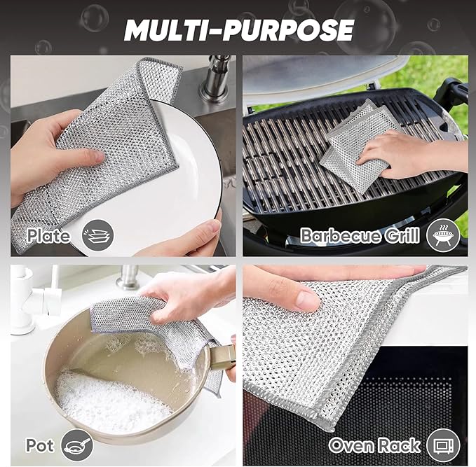 Orighty 12 Pcs Multipurpose Wire Dishwashing Rag, Non-Scratch Wire Dish Cleaning Cloths for Wet and Dry, Reusable Steel Scrubber for Kitchen, Powerful Dishcloth Rag for Cookware, Dish, Stove-7"x8"