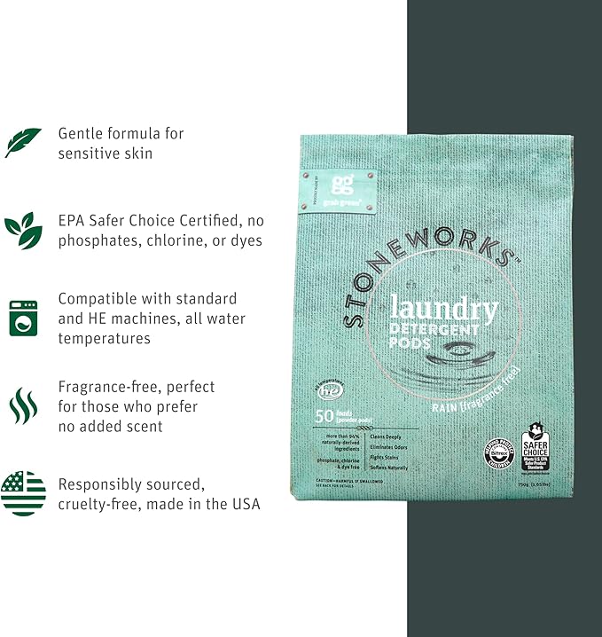 Grab Green Stoneworks Laundry Detergent Pods Sample Kit, 10 Count, Birch Branch, Fragrance Free Rain, Oak Tree, Olive Leaf, Rose Petal Scents, Plant a