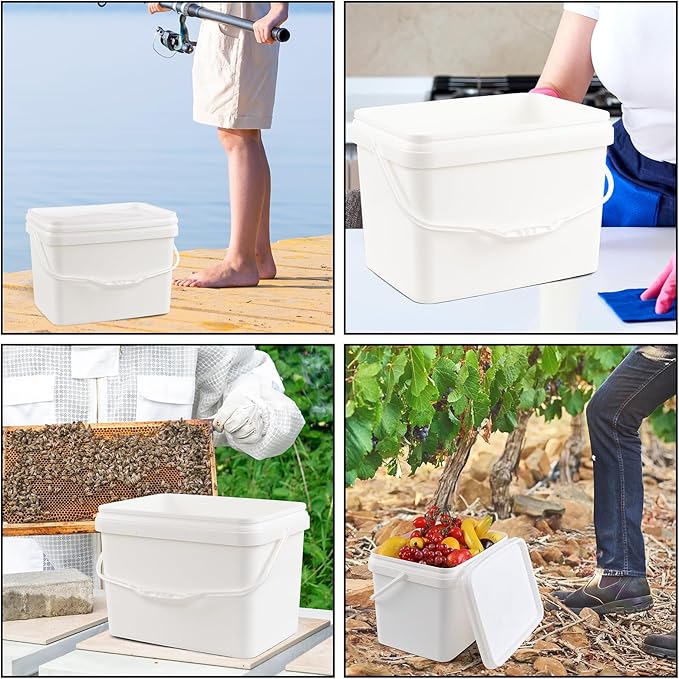 5 Gallon Plastic Square Bucket with Lid for Food Storage, Set of 4 Rectangular White Food Grade Bucket with Handle