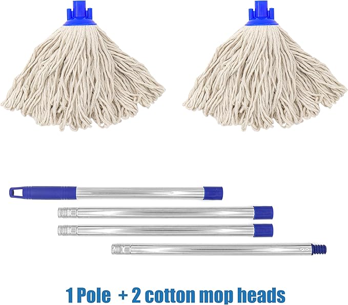 Cotton Cloth Mop, 4 Section Stainless Steel Pole + Two Cotton String Mop Heads White