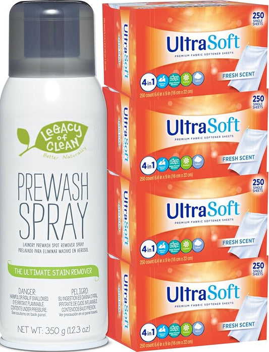 Laundry Prewash Spray Aerosol 12.3 Oz (Ultimate Tough Stain Remover for White Shirts/Clothes w/o Scrub/Soak),Plus 4-in-1 Fabric Softener Dryer Sheets 6.4"x9" 1000 Single PCS (Drive Clothes Ultra Soft)