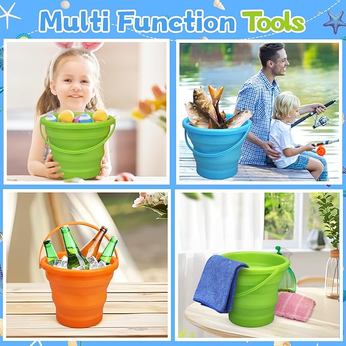 Foldable Beach Sand Toy Bucket for Kids Adults, Jumbo Collapsible Sandbox Bucket, Foldable Pail with Mesh Bag, Multi Use for Garden Beach, Camping, Easter Basket Gift, Fishing, Travelling 3PCS