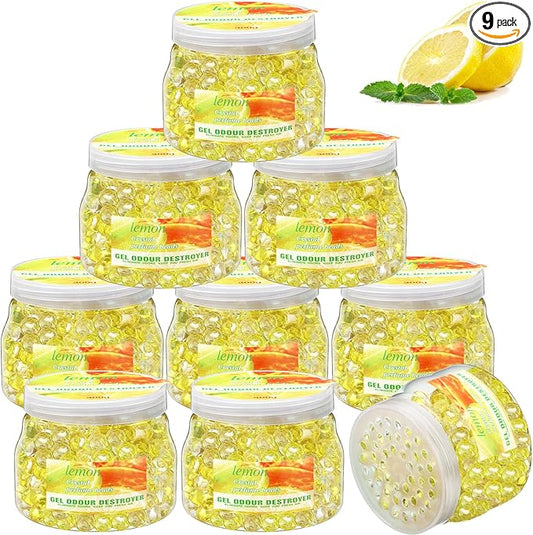 9 Pack Odor Eliminator Gel Beads Bulk 10 Ounces Air Freshener Gel Beads Odor Eliminator for Home, Bathrooms, Cars, Boats and Pet Areas(Lemon)