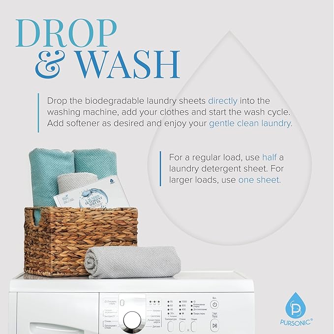 Pursonic Eco Laundry Detergent Sheets - 60 Sheet (120 Loads) Natural Zero Plastic Laundry Sheets with Powerful Cleaning Power - Travel Essentials, Quick-Dissolving & Mess-Free (Fresh Linen)