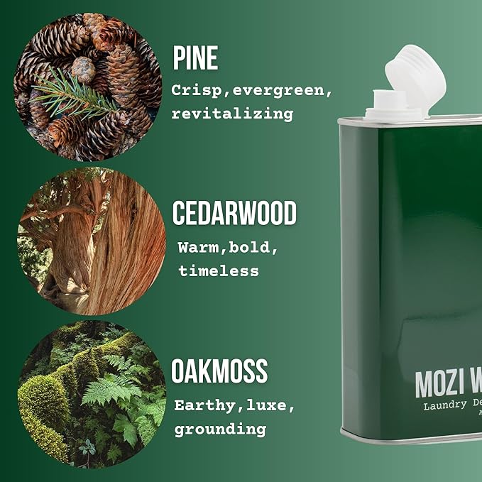 Mozi Wash Laundry Detergent Liquid, Alpine Woods- Sandalwood, Pine & Patchouli, 50+ Loads, Concentrated, Non toxic, Plant Based Enzyme Cleaners, Long Lasting Luxury Clean, Cologne Soap for Men, 32 oz