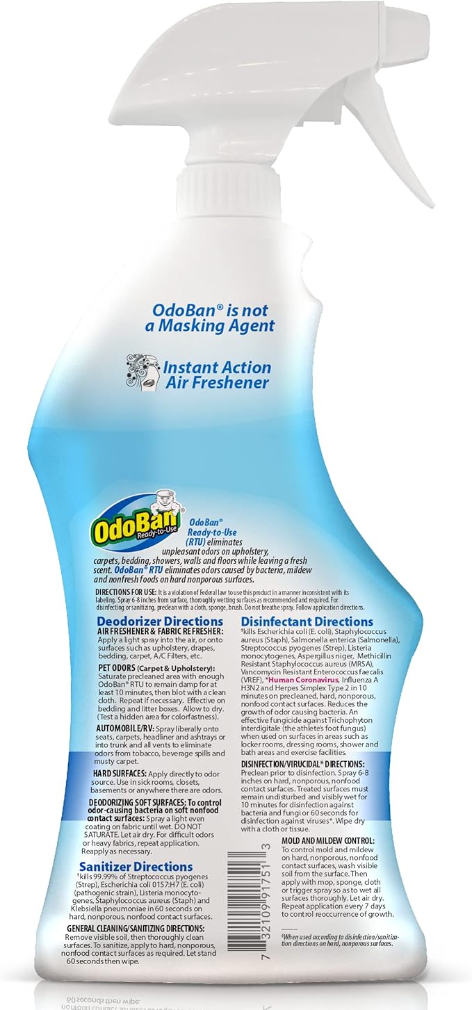 OdoBan Ready-to-Use Disinfectant and Harsh Aroma Eliminator, Cleaner and Fabric/Air Freshener, Set of 2, 14.6 Ounce 360-Degree Continuous Spray and 32 Ounce Trigger Spray, Fresh Linen Scent