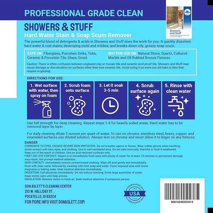 Don Aslett Showers and Stuff (32 Oz Spray Bottle, Pack of 2) Hard Water Stains and Soap Scum Remover | Cleans Bathroom Rust, Grout Tile Lines, Fiberglass Tub, Glass Shower Door Surfaces