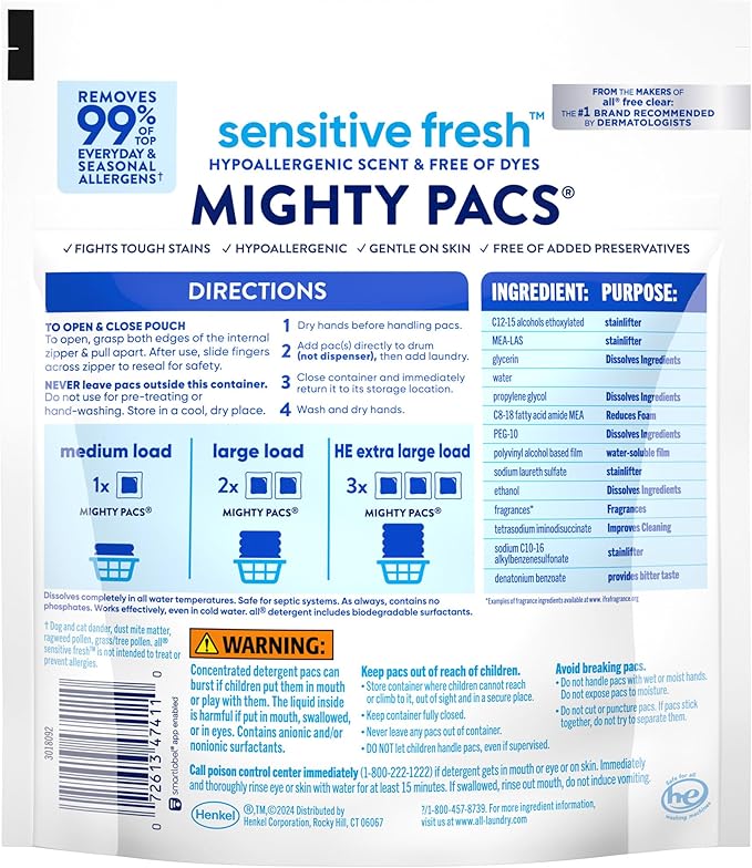 all sensitive fresh, Spring Breeze, MIGHTY PACS Scented Laundry Detergent for Sensitive Skin, Hypoallergenic, 19 Count (Pack of 6)