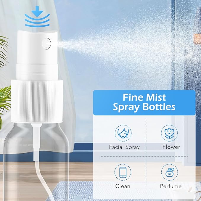 Spray Bottles, 1oz/30ml Clear Empty Fine Mist Plastic Mini Travel Bottle Set, Small Refillable Liquid Containers with 2pcs Funnels and 24pcs Labels (6 Pack)