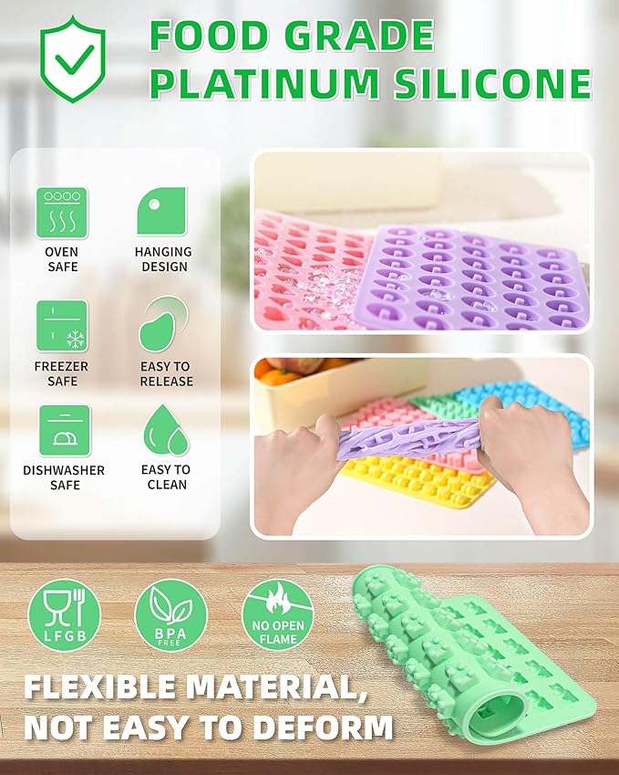 Silicone Gummy Molds Set of 5, Non-stick Candy Chocolate Molds with 2 Droppers 1 Clean Brush, Includes Dinosaur Bear Donut Fruit Heart Shape