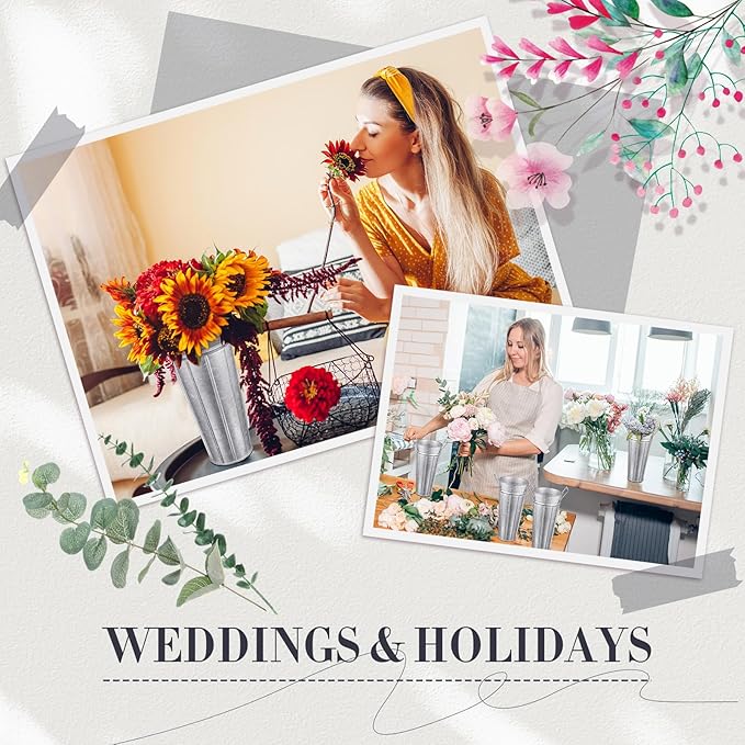 Lallisa 24 Pcs Metal Vases 9 Inch Galvanized French Farmhouse Flower Buckets with Handles and Hemp Rope, Vintage Style Flower Containers for Country Wedding Party Table Centerpiece Decor(Silver)