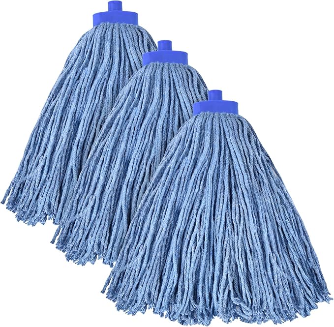 Matthew Cleaning Screw-on Heavy Duty Cotton Wet Mop Replacement Heads(Blue, Medium,3Pack) for Residential & Commercial Floor Cleaning Use- Fit Standard American Screw