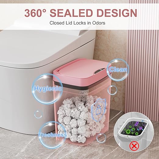 2 Pack 2.7 Gal Bathroom Trash Can with Lid, Automatic Trash Can Small Smart Garbage Can Touchless, Slim Motion Sensor Waterproof Plastic Trash Bins for Bedroom Office Kitchen Toilet Pink