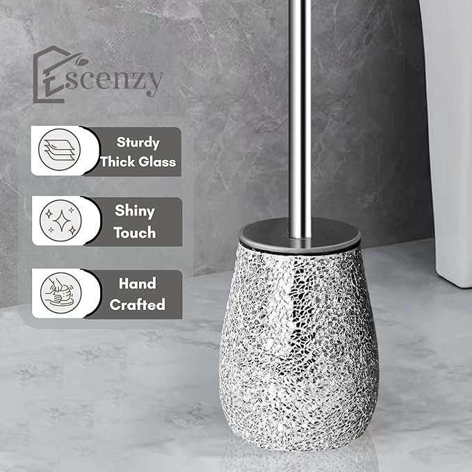Escenzy Modern Toilet Brush and Holder Set Mosaic Glass | Non-Rustic Stainless Steel | Practical & Decorative Toilet Bowl Brush and Holder | Luxury Silver Glitter Bathroom Accessories