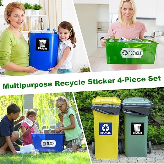 Trash and Recycle Stickers for Bins, 4-Piece Set Waterproof Self Adhesive Recycling Stickers for Trash Cans Waste Signs for Home, Kitchen, Office Indoor & Outdoor Use