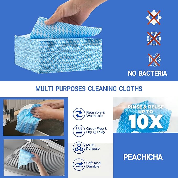 Reusable Cleaning Cloths Handi Wipes Reusable Cloths Disposabel Dish Towels Dry Handy Wipes Big Durable Absoebent and Dry Quickly 100 Count, Blue
