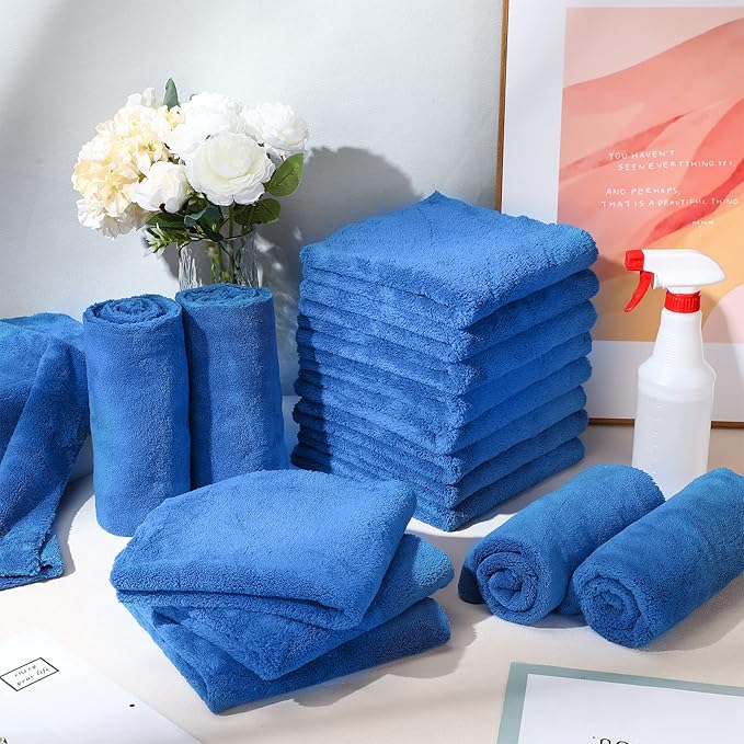 Shimeyao 30 Pcs Edgeless Microfiber Plush Towels for Cars Detailing Drying Wash Polishing Absorbent Cleaning Cloths, 500 GSM, 16 x 16 Inch(16 x 16 Inch,Dark Blue,30 Pcs)