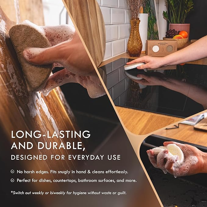 Organic Kitchen Sponges 6-Pack – Non Toxic Sponges for Dishes, Plastic Free & Natural Dish Sponge, Plant Based Cellulose & Coconut Fiber Sponge, Biodegradable, Compostable, Eco Friendly