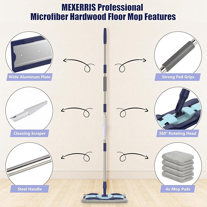 MEXERRIS Microfiber Floor Mop for Hardwood Laminate Tile Floor Cleaning: Stainless Steel Handle - 4 Reusable Flat Mop Refills and 1 Dirt Removal Scrubber Included - Dry Dust Mop Commercial Home Use