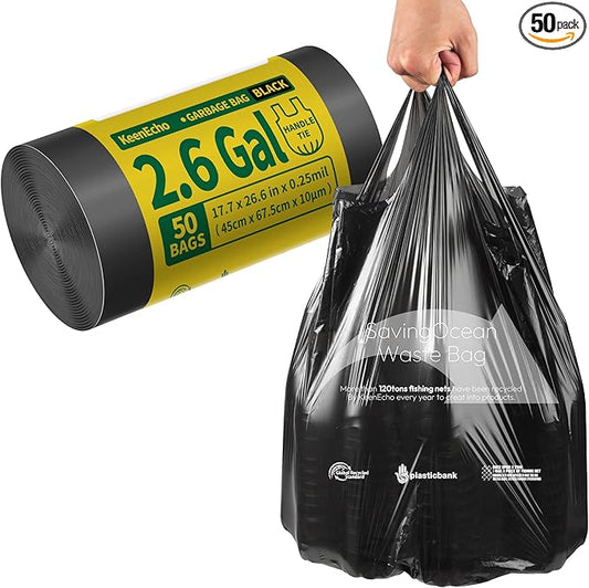 Small Trash Bags with Handles 2.6 Gallon 50 Count Black - Ocean Plastic Upcycling - Plastic Garbage Bags, Can Bin & Waste Basket Liner for Kitchen, Bathroom, Office and Pets
