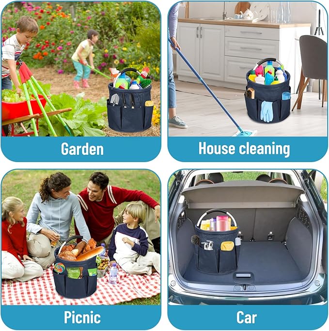 Cleaning Caddy with Handle, 17L Cleaning Supply Caddy Foldable Bucket Organizer Cleaning Products Organizers Cleaning Tools Bag 4.5 Gallon(Navy blue)