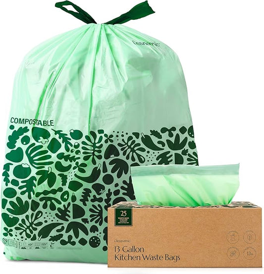 Cleanomic Compostable* Trash Bags with Drawstring (13 Gallon, 25 Units, Tall), BPI Certified For Kitchen Compost