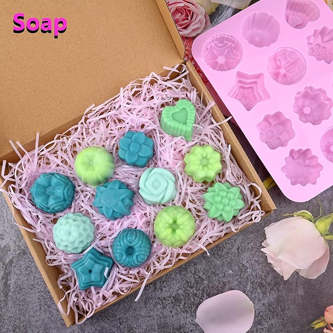 Sakolla 3 Pack Flower Soap Molds, 12 Cavities Different Shapes Silicone Molds for Soap, Lotion Bar, Bath Bombs, Chocolate, Candy