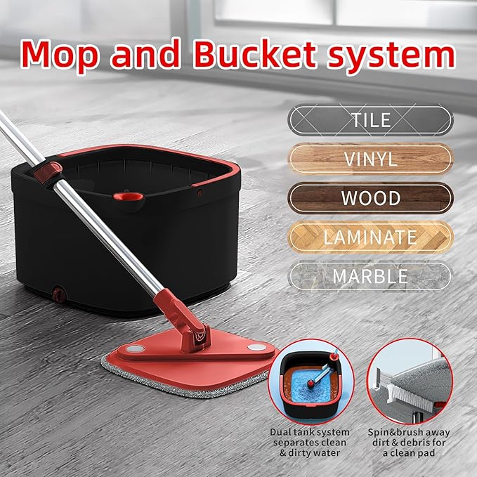 Spin Mop and Bucket Set with Separation Dirty and Clean Water System, Self Wringing 360° Rotating Clean Mop-Head and Bucket Set for Hardwood Tile Marble Floor with 2Pads-Black+Red