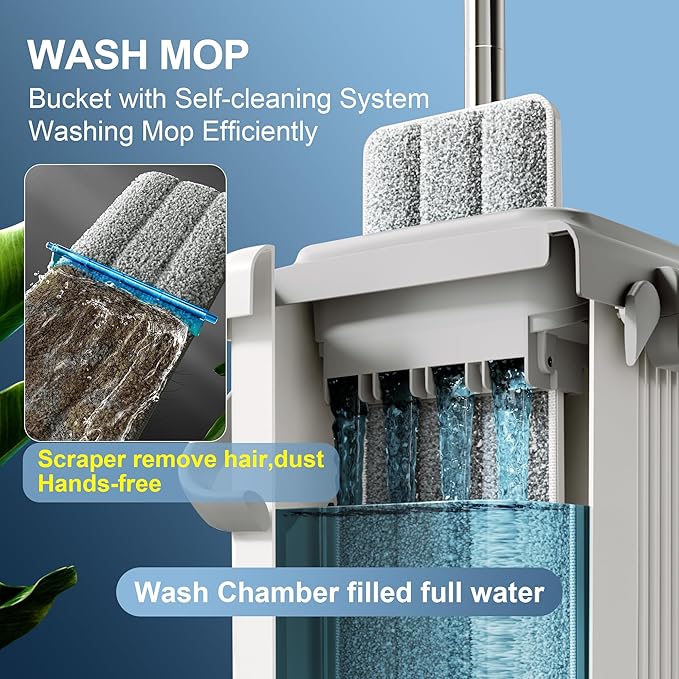 JOYMOOP Mop and Bucket with Wringer Set, Flat Squeeze Mop with Bucket (X-Large), Dust Mop for Wall Cleaner with Long Handle, Microfiber Mop - White Bucket with 3 Reusable 15" Pads