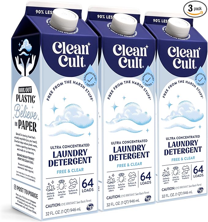 Ultra Concentrated Liquid Laundry Detergent Soap, 192 loads (96 oz), 90% Less Plastic, No Harsh Chemicals, Free & Clear, Defeats Stains & Odors, Eco-friendly, HE/Standard Compatible