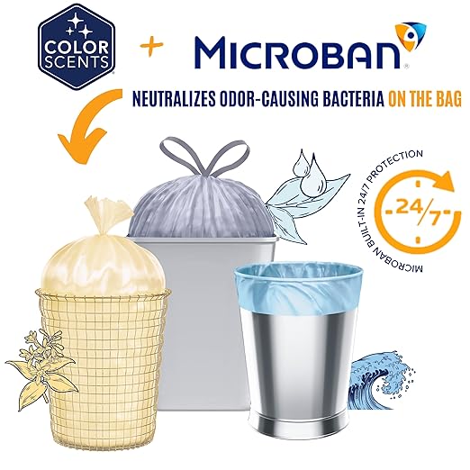 Color Scents Medium Trash Bags - 8 Gallon, 400 Total Bags (8 Packs of 50 Count), Twist Tie - Ivory Bag in Vanilla Flower Scent with Microban