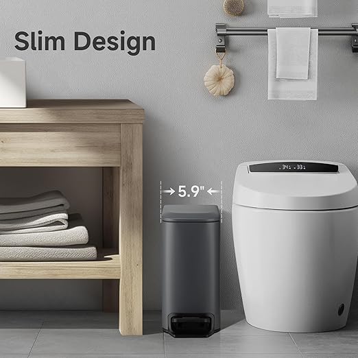 TIPGO Slim Bathroom Trash Can with Lid Soft Close, 6 Liter / 1.6 Gallon Stainless Steel Garbage Can with Removable Inner Bucket, Step Pedal, Small Trash Cans for Bedroom, Office, Kitchen (Grey)