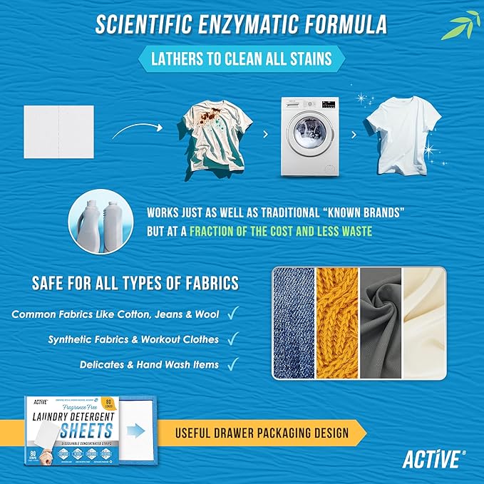 ACTIVE Laundry Detergent Sheets Eco Washing Strips - 80 Loads, Free & Clear Liquidless Clothes Washer Sheet, Zero Waste Travel Laundry Strip, Dissolvable Space Saving Sheets For HE - Fragrance Free