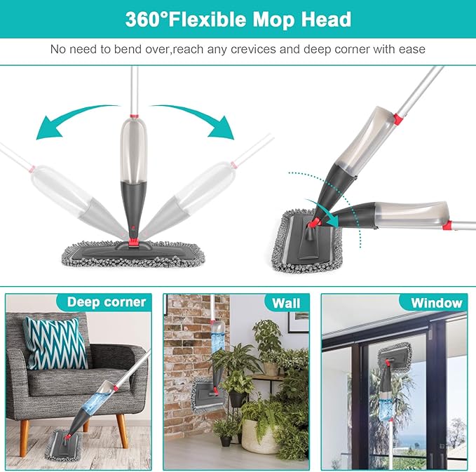 Spray Mop for Floor Cleaning with 3pcs Washable Pads - Wet Dry Microfiber Mop with 800 ml Refillable Bottle for Kitchen Wood Floor Hardwood Laminate Ceramic Tiles Floors Dust Cleaning