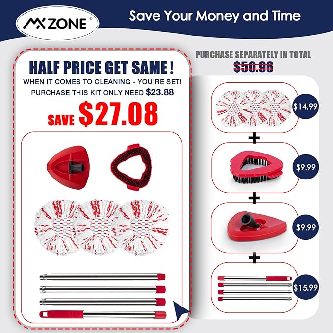 Spin Mop Head Replacement Base Handle Compatible with O Cedar EasyWring 1-Tank System, 3 Pack 40% More Cleaning Power Replace Heads, 1 Mop Handle, 1 Base and 1 Scrub Brush Combo Set