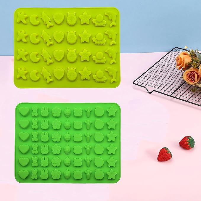 Gummy Candy Molds - Silicone Gummy Dinosaur/Marine Animal/Donut/Small Hearts Shapes/Fruit Snack Mold for Kids with 2pcs Dropper,Non-stick and Bpa Free for Mini Candy Chocolate Gummies Baking