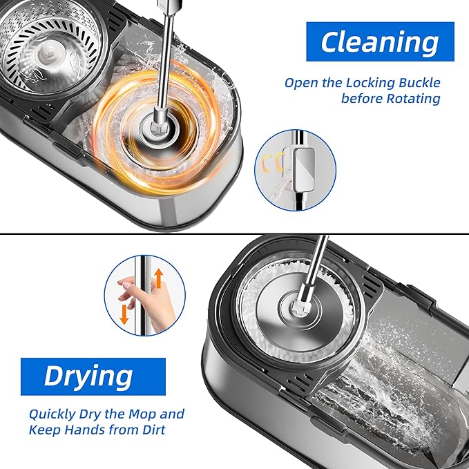 Spin Mop and Bucket with Wringer Set for Home,360° Mop and Bucket with Separate Clean and Dirty Water,Wet Dust Mop for Floor Cleaning with Extra Refills (Silver with 6 Pads)