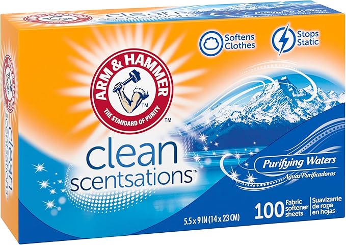 ARM & HAMMER Fabric Softener Sheets, 100 sheets, Purifying Waters
