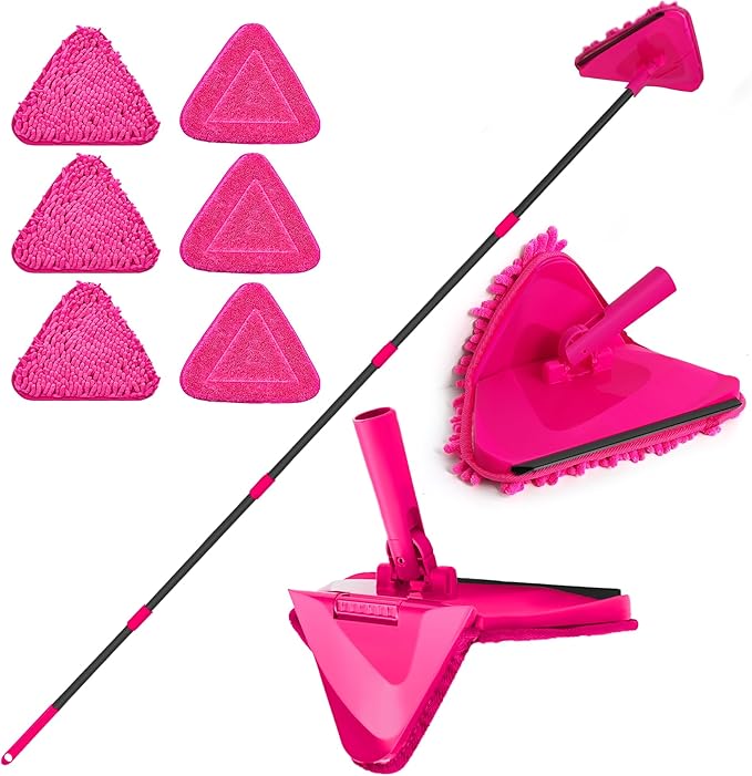 JEHONN Wall Mop with Long Handle 80 inches, Upgraded 180° Collapsible Baseboard Cleaner Tool with Squeegee, Ceiling Duster with 3 Microfiber and 3 Chenille Pads for Cleaning Window, Cabinet (Rose Red)