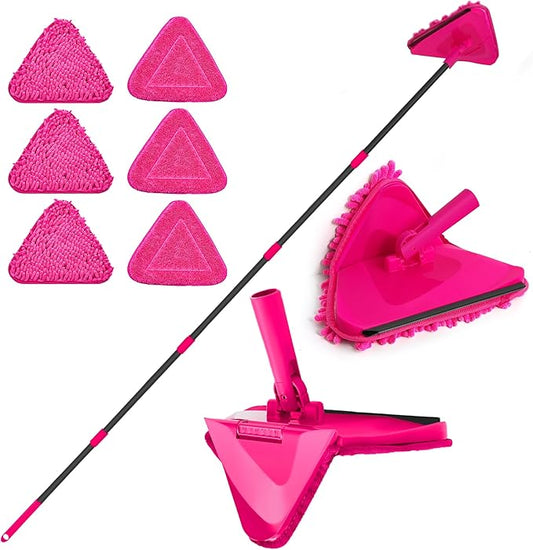 JEHONN Wall Mop with Long Handle 80 inches, Upgraded 180° Collapsible Baseboard Cleaner Tool with Squeegee, Ceiling Duster with 3 Microfiber and 3 Chenille Pads for Cleaning Window, Cabinet (Rose Red)