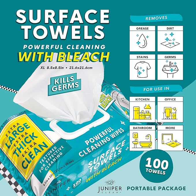 6 Packs Surface Wipes with Bleach, Thick & Large Dispose, All-Purpose Cleaner for Bathroom, Kitchen, Office, 600 Count Soft Flow, Biodegradable, Fresh Scent
