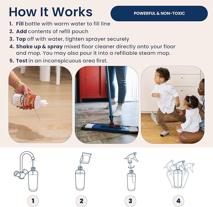 Truly Free Floor Cleaner Kit - Plant-Based Mopping Solution (16oz Reusable Empty Bottle + Two Pouches, 3oz ea.) - DIY All-Surface Cleaner for Hardwood, Tile, Wood & Concrete