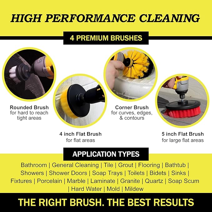 Drillbrush Drill Brush Attachment Set – Power Scrubber Brush for Tub, Tile, Shower, and Grout – All-Purpose Household Cleaning Brushes for Drill, Auto Detailing Brushes - Electric Grout Cleaner Kit
