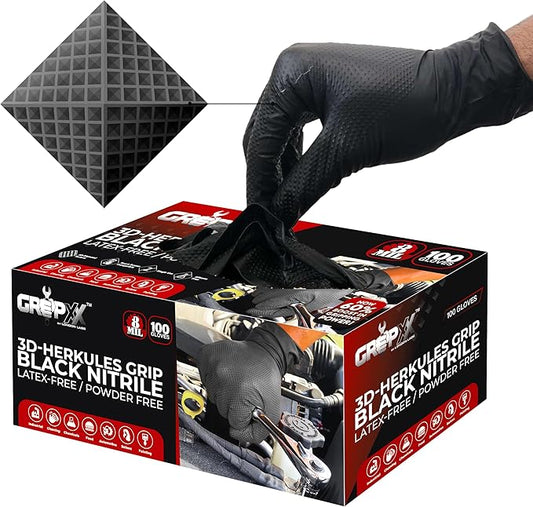 Herkules Grip Heavy Duty 8Mil Black Nitrile Gloves,3D Raised Diamond Texture-Latex & Powder-Free Industrial, Mechanic