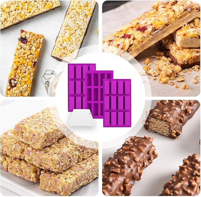 3 Pack 12-Cavity Silicone Granola Bar Molds, Rectangle Protein Bar Mold Silicone Baking Molds for Baking Chocolate Bar, Cereal Bar, Cheesecake, Brownies, Energy Bars, Candy Bar