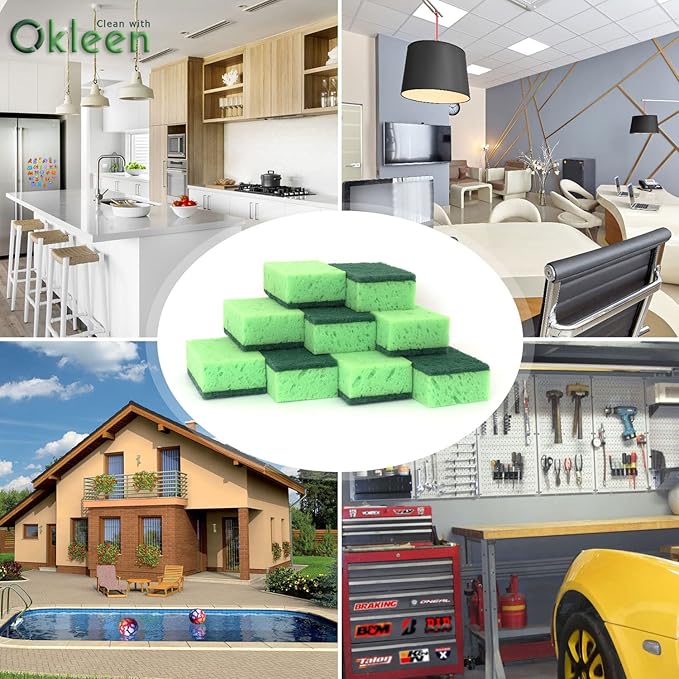 Green Multi Use Scrub Sponge. Made in Europe. 9 Pack, 4.3x2.8x1.4 inches. Odorless Heavy Duty and Non Scratch Fiber. Best, Durable, Delicate, Porous, Non Cellulose Kitchen Sponges and Scrubbers